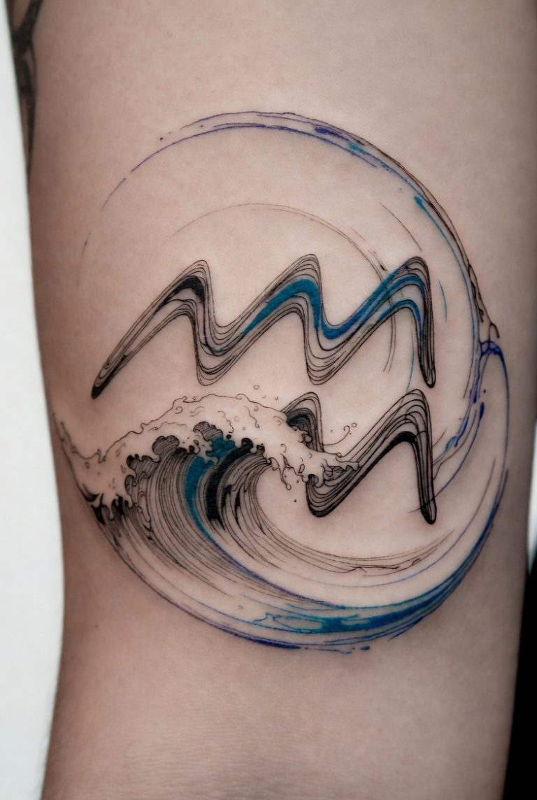 Aquarius symbol tattoo with waves