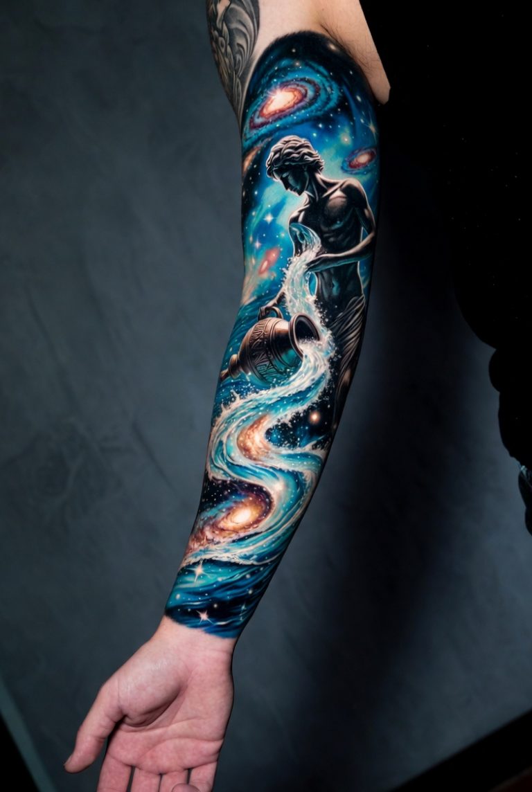 Full sleeve tattoo for Auqarius with galaxy and stars